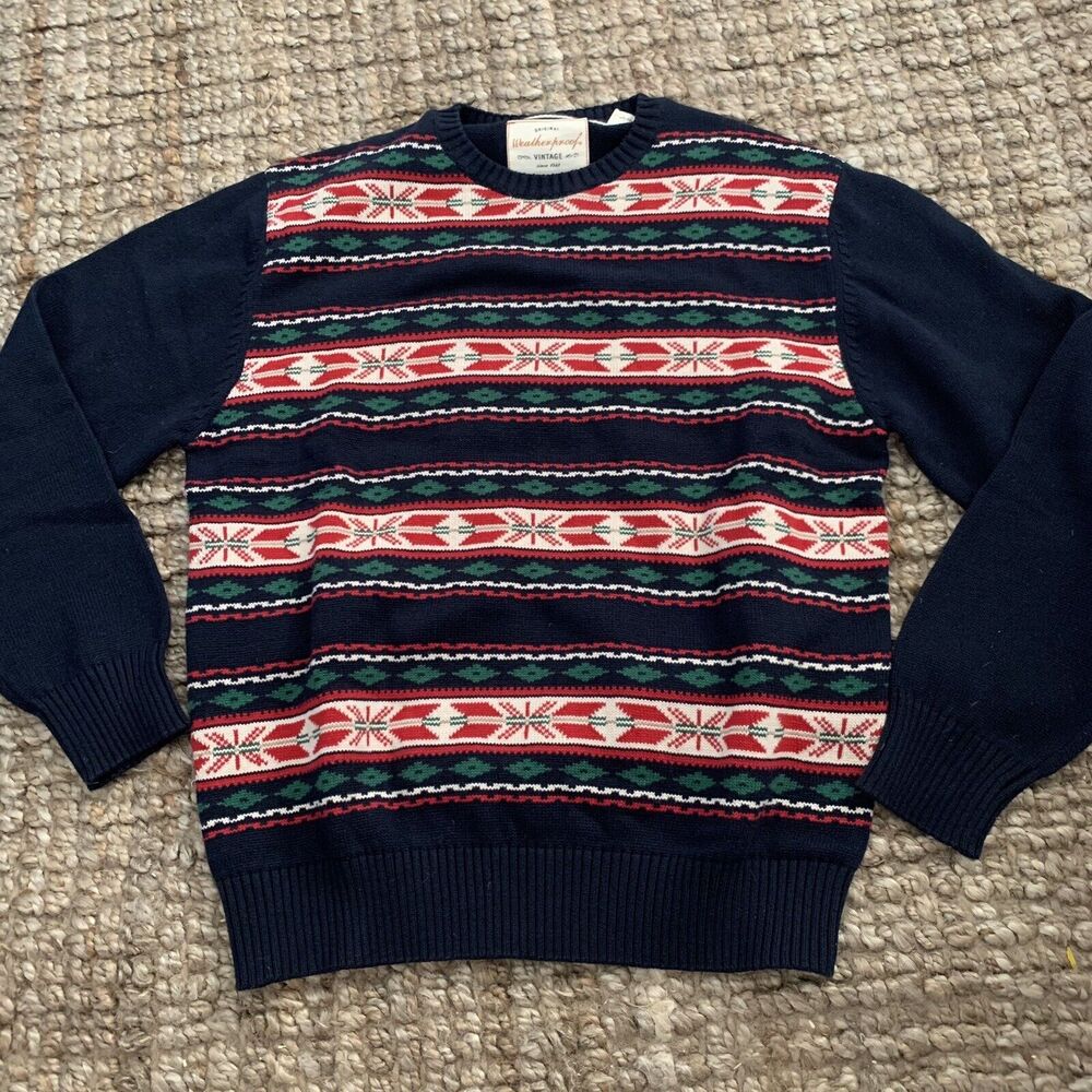 Weatherproof Vintage Sweater Mens L Blue Red Green Fair Isle Crew Neck Pullover